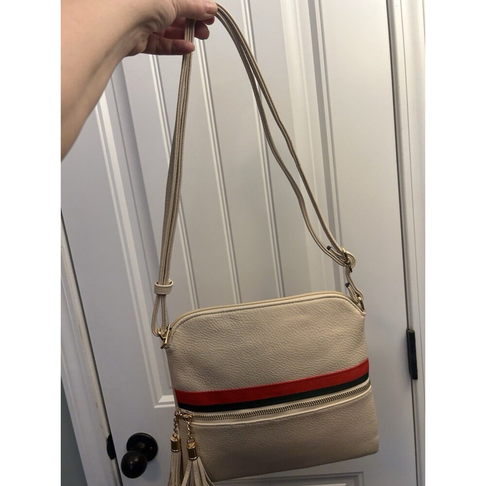 Cream Crossbody Purse Red Green Stripe Tassel Leopard Lining Retro Chic - Picture 2 of 12